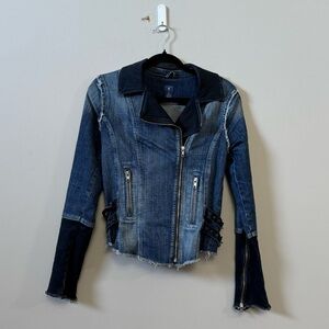 Guess Vintage Y2K Denim Moto full zip raw hem 2 tone Jean jacket
